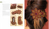 Step-by-step images from Macramé Couture by Schiffer Publishing, Ltd. show how to craft a vibrant flower-shaped barrette, ideal for macramé accessories. On the right, it adorns a woman's updo against a red background.