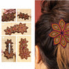 Step-by-step images from Macramé Couture by Schiffer Publishing, Ltd. show how to craft a vibrant flower-shaped barrette, ideal for macramé accessories. On the right, it adorns a woman's updo against a red background.