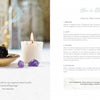 A copy of "Creating Smudge Sticks" by Schiffer Publishing, Ltd. is open—on the left, a burning smudge stick with smoke, a white candle, and amethyst crystals; on the right are step-by-step instructions for burning.