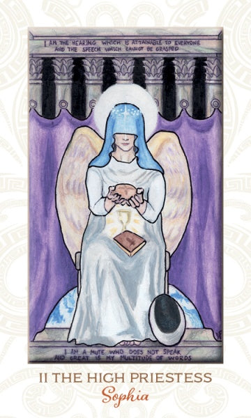 The Pistis Sophia card by Schiffer Publishing, Ltd. features a serene, seated woman with a blue headdress and veil, angel wings, and a scroll, set between two columns with a purple curtain—ideal for Goddess or Majors-only Tarot decks.