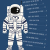 Illustration of an astronaut in a white spacesuit with a black visor on a blue background, beside the table of contents for "The Solar System" by Schiffer Publishing, Ltd., featuring missions, planets, and fun mazes that build problem-solving skills.