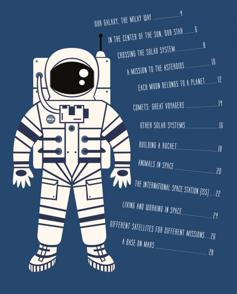 Illustration of an astronaut in a white spacesuit with a black visor on a blue background, beside the table of contents for "The Solar System" by Schiffer Publishing, Ltd., featuring missions, planets, and fun mazes that build problem-solving skills.