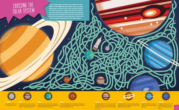 Navigate a rocket through The Solar System maze by Schiffer Publishing, Ltd., passing planets like Saturn, Jupiter, Earth, and Mars while learning fun facts—an engaging addition to any solar system book collection.