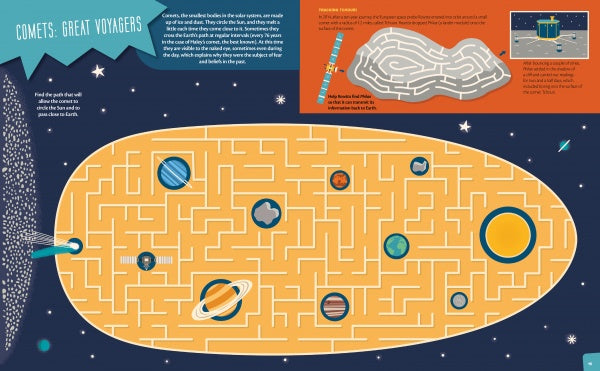 Illustration of a comet-shaped maze with planets inside, set against a starry space background, from The Solar System by Schiffer Publishing, Ltd. Features boxes that explain comets and challenge problem-solving in "Treacherous Terrain.