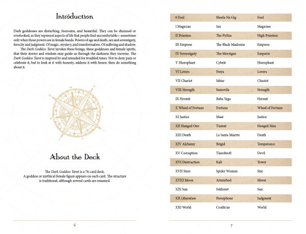 Two open pages of the Dark Goddess Tarot guidebook by Schiffer Publishing, Ltd.: the left page shows “Introduction” and “About the Deck” with a decorative compass evoking the sacred feminine; the right lists all 22 Dark Goddess Tarot cards in a two-column table.