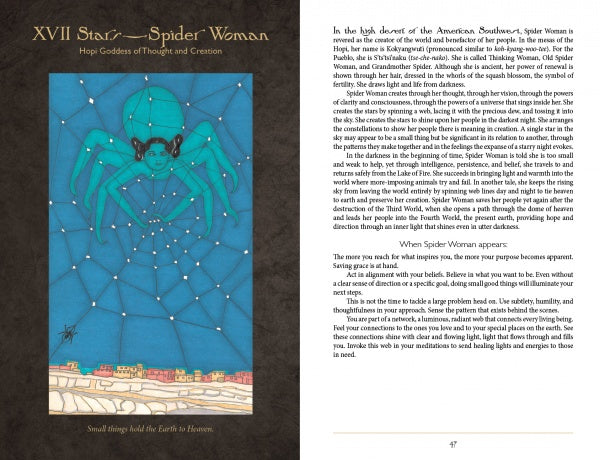 An illustrated page from Dark Goddess Tarot by Schiffer Publishing, Ltd. depicts a turquoise Spider Woman on a web of stars above a village. Opposite, text describes Spider Woman, a Hopi goddess, along with a poem and myth explanation.