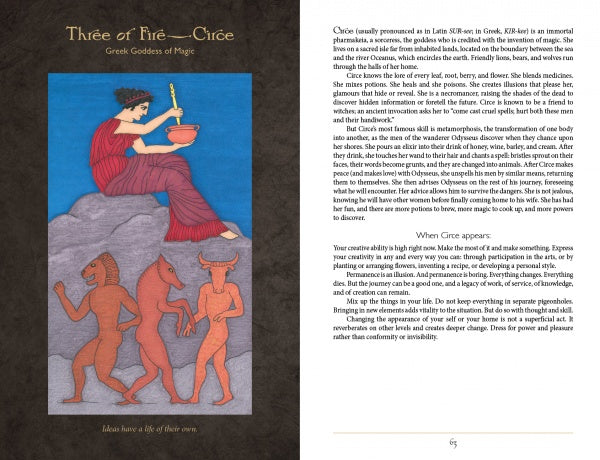 An illustration of Circe, Greek goddess of magic, in a red robe with bowl and wand, sits above red creatures. Text on her divine feminine symbolism appears on the right in Dark Goddess Tarot by Schiffer Publishing, Ltd.
