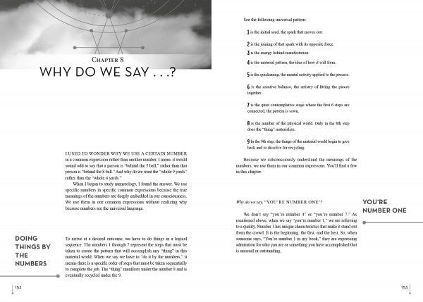 The left page of Numerology and Your Future, 2nd Edition by Schiffer Publishing, Ltd. opens Chapter 8, “WHY DO WE SAY...?”, featuring an intro and a sidebar called DOING THINGS BY THE NUMBERS on numerology. The right page has a numbered list continuing the text.