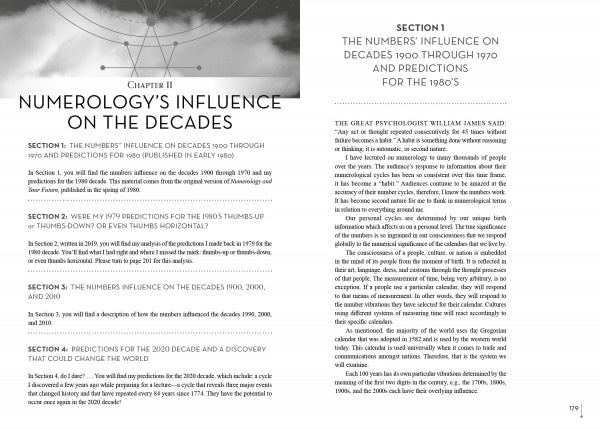 An open book, Numerology and Your Future, 2nd Edition by Schiffer Publishing, Ltd., displays two pages titled "Numerology’s Influence on the Decades," featuring sections and diagrams exploring numerology's impact since 1900.