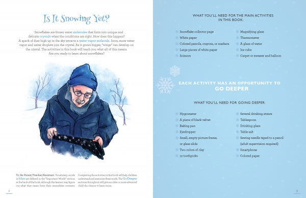 A watercolor illustration shows an older man in a blue coat and hat examining a black scarf. The opposite page from "Snowflake Science" by Schiffer Publishing, Ltd. lists materials for kids' snowflake and meteorology experiments.