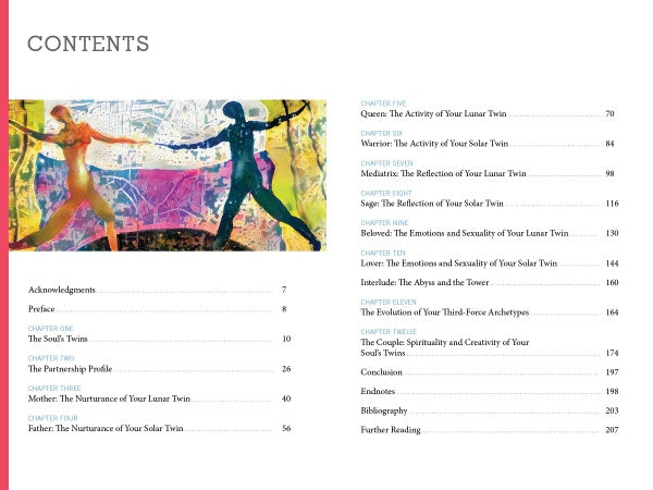 A colorful abstract illustration of two mirrored human figures, one blue and one orange, representing feminine and masculine archetypes, reaching toward each other above a table of contents page from "The Soul's Twins" by Schiffer Publishing, Ltd.