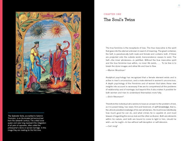 An ornate illustration in "The Soul's Twins" by Schiffer Publishing, Ltd. depicts crowned male and female archetypes with staffs in a lush garden, sun and moon above. Chapter one, "The Soul’s Twins," appears on the right page.
