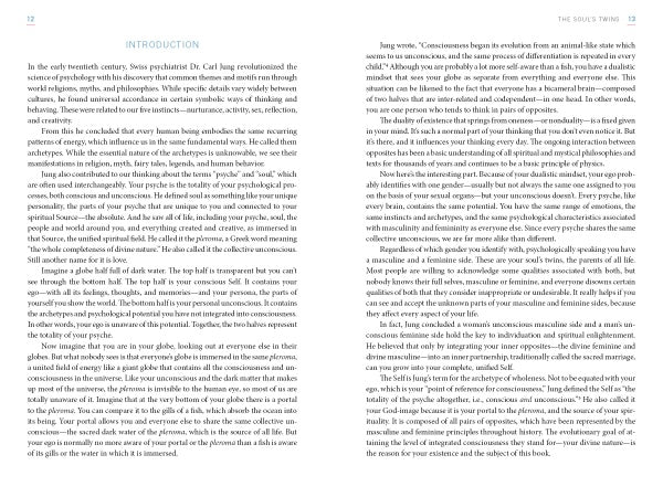 Two pages of "The Soul's Twins" by Schiffer Publishing, Ltd. show dense, two-column text, with the left page introducing Dr. Carl Jung’s influence on modern psychology and discussing Jungian concepts and archetypes.