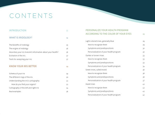 A page from "Health through Your Eyes" by Schiffer Publishing, Ltd., covers comprehensive health assessment with iridology and iris analysis for personalized wellness insights.
