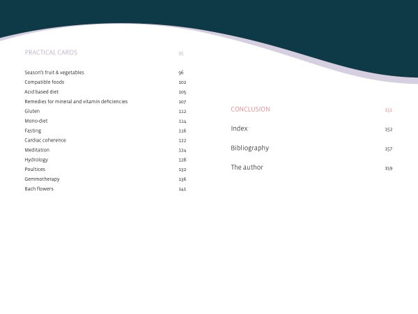 The table of contents in "Health through Your Eyes" by Schiffer Publishing, Ltd. lists sections like Practical Cards, Conclusion, Index, Bibliography, and The Author, covering fruits, vegetables, diets, vitamins, iridology, health assessment & more with page numbers.