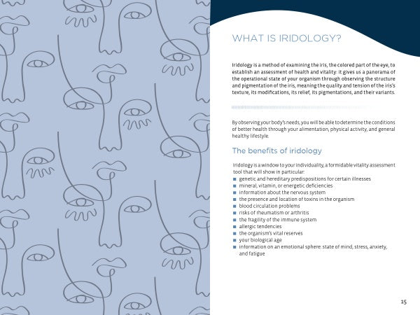 A brochure spread for "Health through Your Eyes" by Schiffer Publishing, Ltd. The left page has abstract blue face line art; the right page is titled "What is Iridology?" and explains iridology's benefits for health assessment.