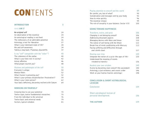 The table of contents page from "Astrotherapy" by Schiffer Publishing, Ltd. lists sections like Introduction, Astrology, and Working on Yourself with page numbers on the left and personal development chapters in blue text on the right.