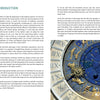 A two-page spread from Astrotherapy by Schiffer Publishing, Ltd. shows astrology’s history on the left and a photo of a blue and gold zodiac clock—illustrating astrology’s impact on personal growth—on the right.