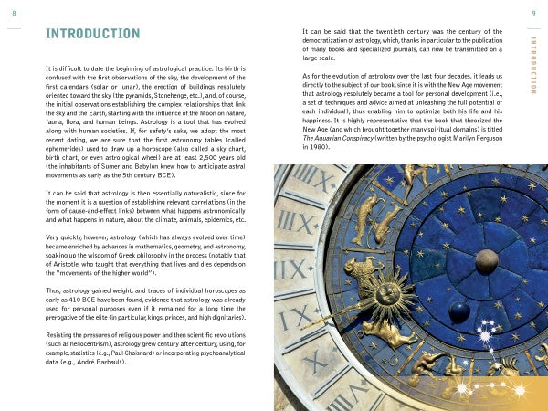 A two-page spread from Astrotherapy by Schiffer Publishing, Ltd. shows astrology’s history on the left and a photo of a blue and gold zodiac clock—illustrating astrology’s impact on personal growth—on the right.