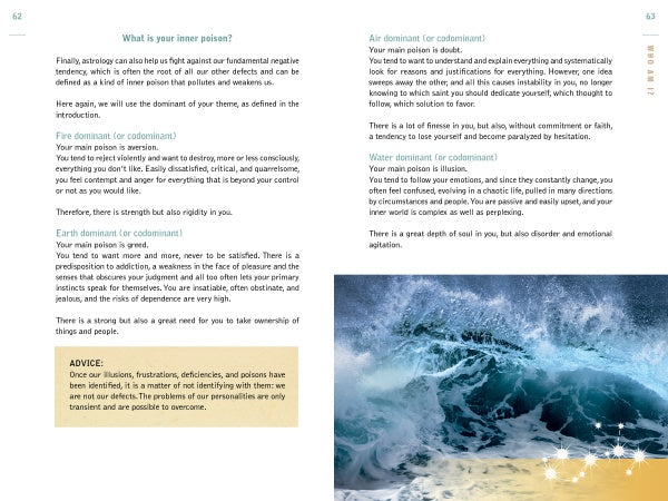 Astrotherapy by Schiffer Publishing, Ltd. features text on inner poison and mastering fire, earth, air, and water elements, with personal growth tips in a yellow box. The right page shows ocean waves reflecting natural astrology themes.