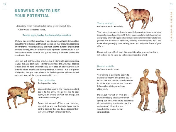 A book spread from "Astrotherapy" by Schiffer Publishing, Ltd. features astrology text, illustrations of a ram, bull, and two people holding hands, plus sidebars on Aries, Taurus, and Gemini traits for personal growth guidance.