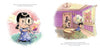 In "Maia and the Very Tall Wall" by Schiffer Publishing, Ltd., a girl in a blue dress closely inspects a flower with a magnifying glass. Later, she runs indoors clutching a large jar as a man peeks from behind the door in a purple room.