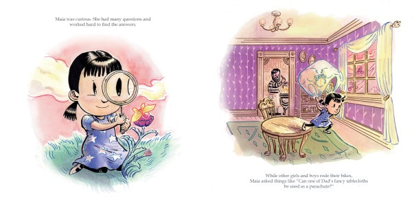 In "Maia and the Very Tall Wall" by Schiffer Publishing, Ltd., a girl in a blue dress closely inspects a flower with a magnifying glass. Later, she runs indoors clutching a large jar as a man peeks from behind the door in a purple room.
