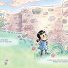 A young girl in a blue dress stands by a tall stone wall in a grassy yard with flowers under bright pink clouds. Maia and the Very Tall Wall by Schiffer Publishing, Ltd. is cheerful and whimsical—perfect for kids’ confidence. Text appears on the grass.