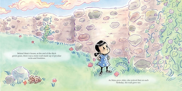 A young girl in a blue dress stands by a tall stone wall in a grassy yard with flowers under bright pink clouds. Maia and the Very Tall Wall by Schiffer Publishing, Ltd. is cheerful and whimsical—perfect for kids’ confidence. Text appears on the grass.