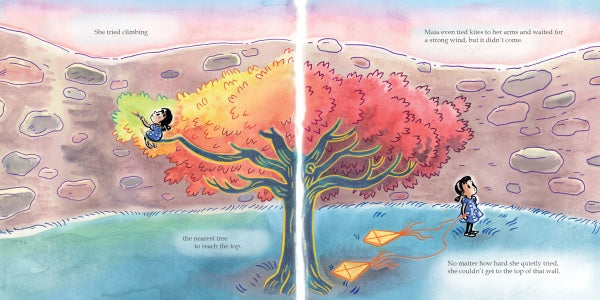 In Schiffer Publishing, Ltd.'s "Maia and the Very Tall Wall," Maia—dressed in blue—bravely faces a stone wall, looking up with orange kites in hand. Her journey inspires kids to be confident and determined.