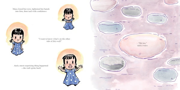 In Maia and the Very Tall Wall by Schiffer Publishing, Ltd., a curious girl in a blue starry dress poses on the left, while pale stepping stones with uplifting text float on water to the right, encouraging confidence in kids.