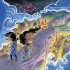 Two girls hold hands, walking on a shining path above a glowing city at night. Overhead, a pink book-shaped constellation shines, capturing the whimsical magic of Maia and the Very Tall Wall by Schiffer Publishing, Ltd.