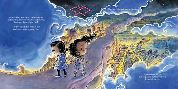 Two girls hold hands, walking on a shining path above a glowing city at night. Overhead, a pink book-shaped constellation shines, capturing the whimsical magic of Maia and the Very Tall Wall by Schiffer Publishing, Ltd.