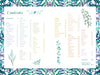 An illustrated table of contents with floral borders lists topics A–Z and page numbers for "100% Happiness" by Schiffer Publishing, Ltd.—ideal for guided journals on personal development, each section features relevant keywords.