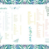 An illustrated table of contents with floral borders lists topics A–Z and page numbers for "100% Happiness" by Schiffer Publishing, Ltd.—ideal for guided journals on personal development, each section features relevant keywords.