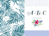 Split image: left side features blue watercolor palm leaves; right side displays blue and white polka dots, “A-B-C” in elegant script, and a floral illustration—perfect for Schiffer Publishing’s 100% Happiness guided journal.