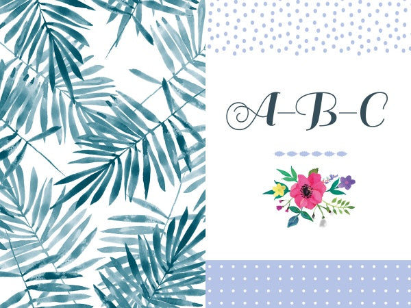Split image: left side features blue watercolor palm leaves; right side displays blue and white polka dots, “A-B-C” in elegant script, and a floral illustration—perfect for Schiffer Publishing’s 100% Happiness guided journal.