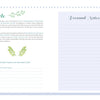 The 100% Happiness journal page by Schiffer Publishing, Ltd. features "Cycle" on the left with green leaf décor, life cycle prompts, and space for personal growth. The right offers a blue-lined Personal Notes section, all within a light floral border.