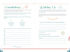 A two-page spread from "100% Happiness" by Schiffer Publishing, Ltd. features Vocabulary and Waking Up sections with tips, lined areas for notes, and decorative pastel flower and leaf graphics bordering the pages.