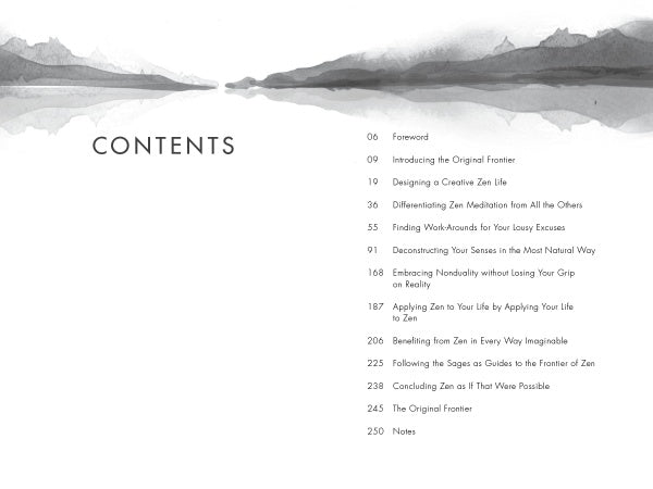The table of contents for The Original Frontier by Schiffer Publishing, Ltd. features a watercolor mountain landscape above chapter listings in simple black font on white, each section with a page number to guide readers through the book.