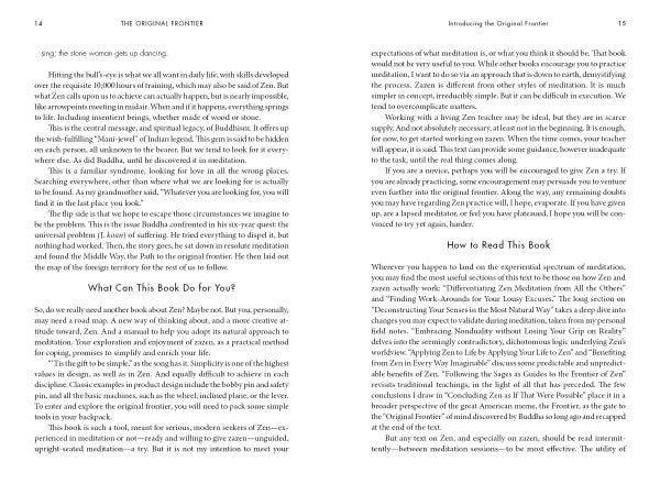 Two pages from "The Original Frontier" by Schiffer Publishing, Ltd. show black text on white, with headings “What Can This Book Do for You?” and “How to Read This Book.” The content discusses integrating Zen into daily life, with no images or illustrations.
