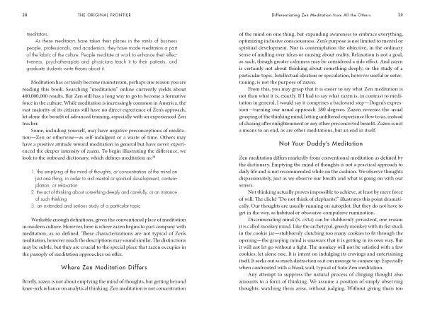 Two pages from "The Original Frontier" by Schiffer Publishing, Ltd. cover Zen meditation, highlight its unique aspects, address misconceptions, and offer tips for daily use. The text includes headings but contains no images or illustrations.