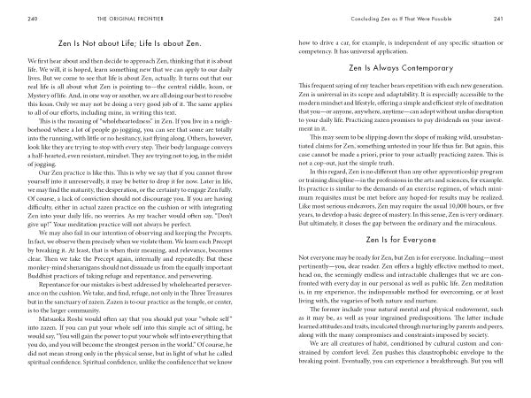Two pages from "The Original Frontier" by Schiffer Publishing, Ltd. discuss Zen philosophy: "Zen Is Not about Life; Life Is about Zen" and "Zen Is Always Contemporary and Zen Is for Everyone," exploring meditation and everyday integration.