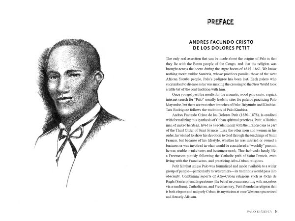 On the left is a black and white portrait of Andrés Facundo Cristo de los Dolores Petit, key in Palo Kimbisa. On the right, the book "Seeking the Spirits of Palo Kimbisa" (Schiffer Publishing, Ltd.) features a preface on his impact.