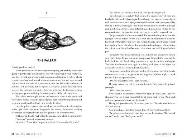 An open book, "Seeking the Spirits of Palo Kimbisa" by Schiffer Publishing, Ltd., displays pages 24–25: Page 24 features a black-and-white stone illustration above "The Palero" and narrative text on Tata Rodriguez and Palo Kimbisa tradition.