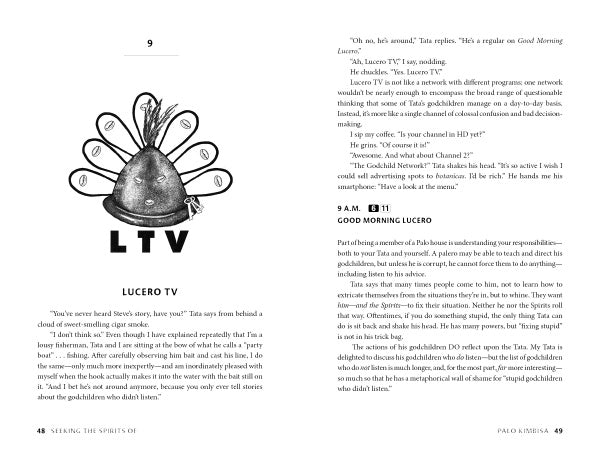 An open book displays an illustration of a feathered hat labeled LTV and text about "Seeking the Spirits of Palo Kimbisa" by Schiffer Publishing, Ltd., with a right page featuring a show called “Good Morning Lucero.”.