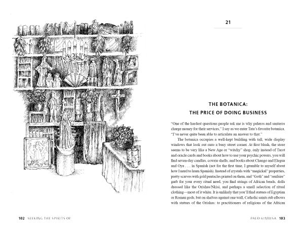 A black-and-white sketch of shelves with bottles and spiritual items appears on the left; on the right, a chapter titled "The Botanica: The Price of Doing Business" begins in Seeking the Spirits of Palo Kimbisa by Schiffer Publishing, Ltd.