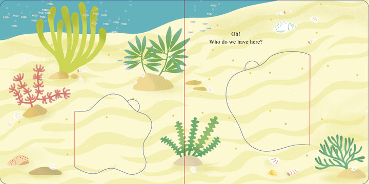 Dive into "Who Is Hiding in the Sea?" by Schiffer Publishing, Ltd.—an interactive board book featuring seaweed, coral, sand, seashells, and rocks. Irregular cutouts reveal hidden sea animals as the text asks, “Oh! Who do we have here?”.