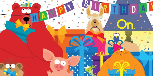 In "My Big Birthday Party" by Schiffer Publishing, Ltd., cartoon animals celebrate with gifts and confetti under a “Happy Birthday” banner—an ideal scene for building vocabulary and teaching opposites to kids.
