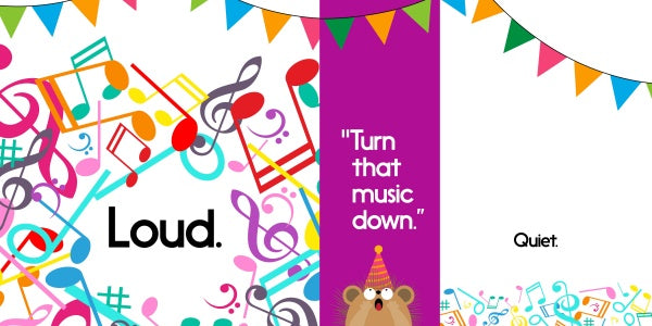 A vibrant image from Schiffer Publishing, Ltd.’s "My Big Birthday Party" shows opposites for kids: left—Loud with bright notes, middle—purple strip saying “Turn that music down,” right—Quiet with muted notes and a party hat bear for vocabulary learning.